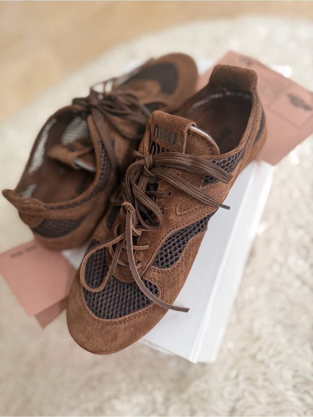 MIU MIU Women’s Brown Suede & Mesh Lace-Up Sneakers size38 , US 7.5